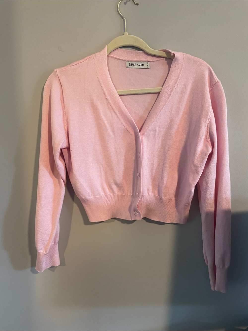 Grace Karin Light Pink Cropped V-Neck Button-Front Cardigan